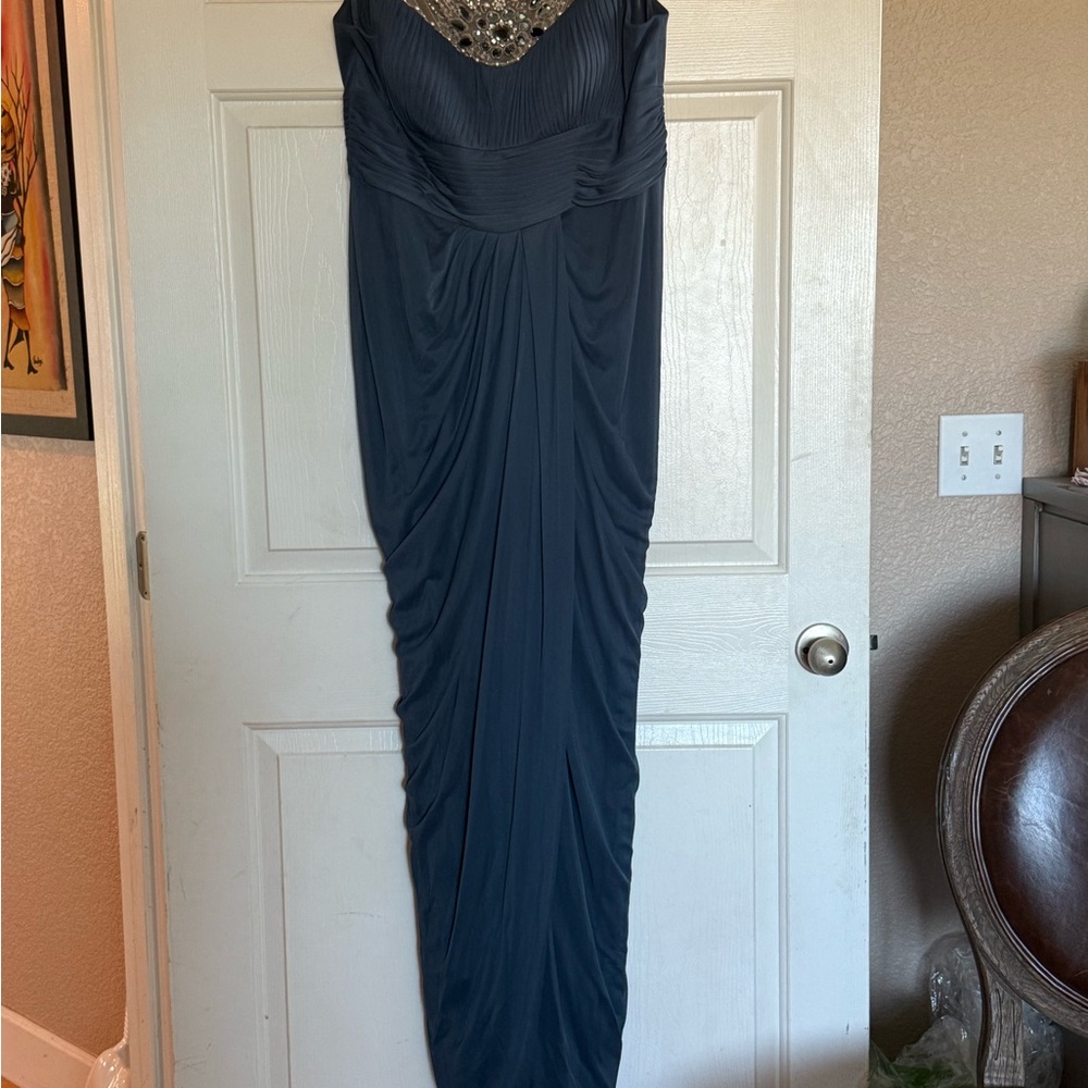 Adrianna Papell Navy Maxi Dress with Embellished Neckline